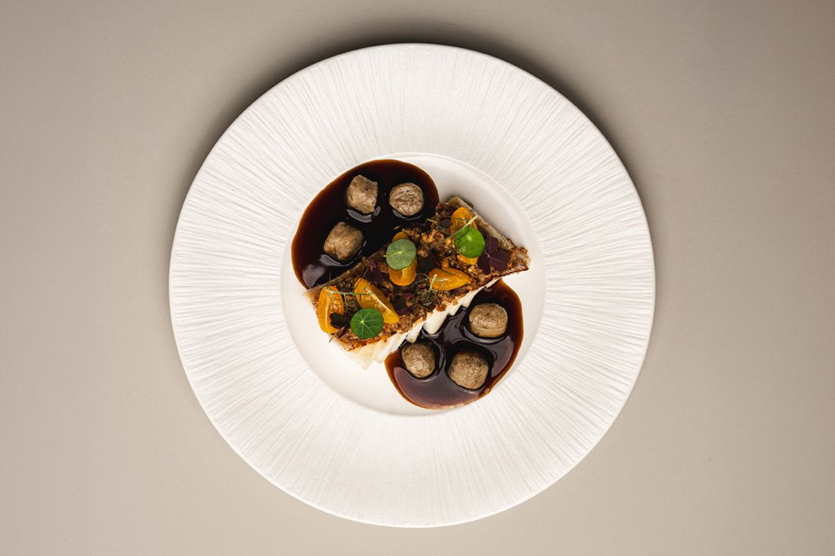 Zębacz pod kruszonką z kasztanów, konfitowany kumkwat, gnocchi borowikowe